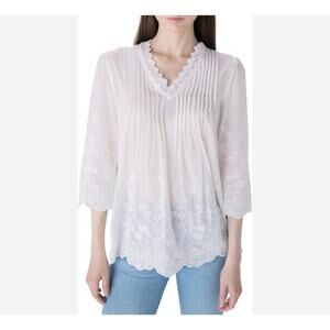 SOLITAIRE White Cotton Floral Embroidered Peasant Blouse Ethereal Cottagecore M